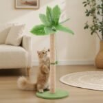 Tall Green Cat Scratching Post with Toys and Palm Tree Design