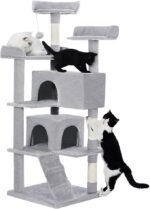 56-Inch Grey Multi-Level Cat Tree Tower with Scratching Posts - Image 5